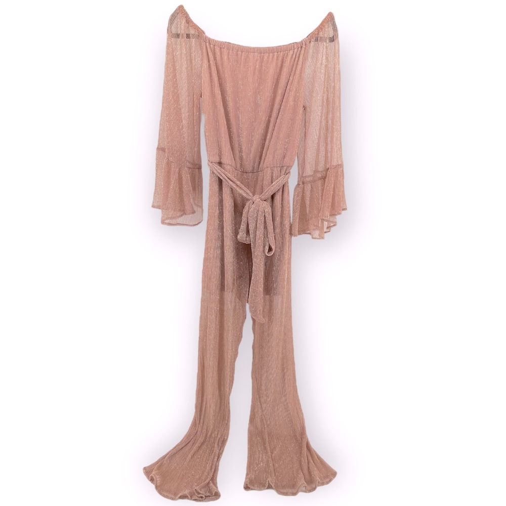 Discovery Women’s Rose Gold Metallic Shimmer Off The Shoulder Sheer Jumpsuit